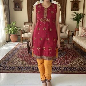 Red Embroidered Sleeveless Kurti/Kurta Set with Orange Leggings
